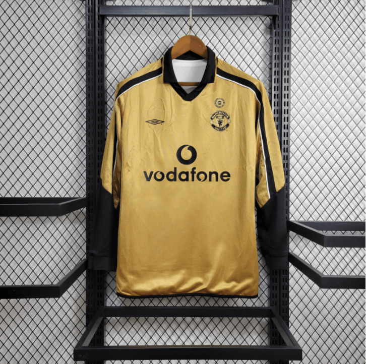 Camisa Manchester United Retro 2001/02 II Branca e Preta Umbro Dupla face Manga Longa